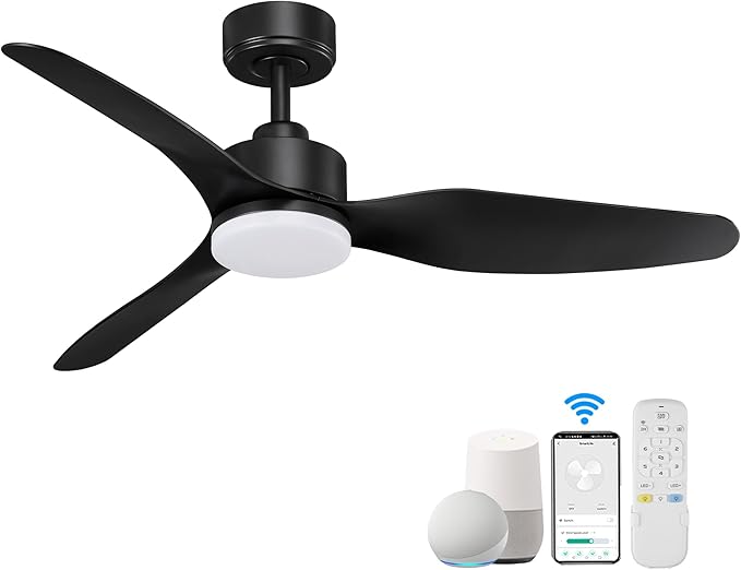 48” Smart Ceiling Fans with LED Lights Remote,Quiet DC Motor,Dimmable,Outdoor Indoor Modern Ceiling Fan Controlled by WIFI Alexa App,3 Black Blades for Bedroom Living Room Patio Porch