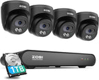 ZOSI C220 4CH 4MP QHD 2.5K PoE Home Security Camera System, 4 x 4MP(1440p) Dome IP Cameras Outdoor Indoor, Smart AI Human Detection, Two-Way Audio, 4CH 5MP 3K NVR with 1TB HDD for 24/7 Record