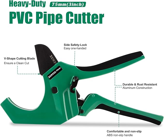 Ratcheting PVC Pipe Cutter- for up to 3-inch OD(Sch 40/80 Pipe) | SKD5 Steel Blade | Professional Plumbing Tool for DIY, Gardening，Plumber(Dark Green,75MM)