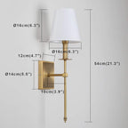 PERMO Single Classic Rustic Industrial Wall Sconce Lighting Fixture with Flared White Textile Lamp Shade and Antique Brass Tapered Column Stand, Hardwired, E26 Base