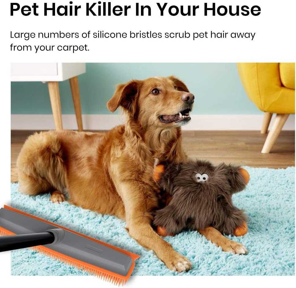 TreeLen Rubber Broom Carpet Rake Pet Hair Remover Broom with Squeegee Extension Push Broom for Carpet Hardwood Floor Tile Windows Cleaning