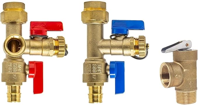 3/4 inch Expansion PEX Tankless Water Heater Isolation Valve Kit(Not Crimp PEX), with Pressure Relief Valve, FNPT x Expansion PEX A, 3/4'' Service Valve for Rheem, Rinai, Navien