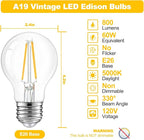 dalattin A19 Vintage LED Edison Bulbs, 60W Equivalent Light Bulbs, 2700K Soft White, Clear Glass Filament Bulb, Efficient 8W, E26 Base, 800 LM, CRI80+, Non-Dimmable for Home, Farmhouse, 24 Pack