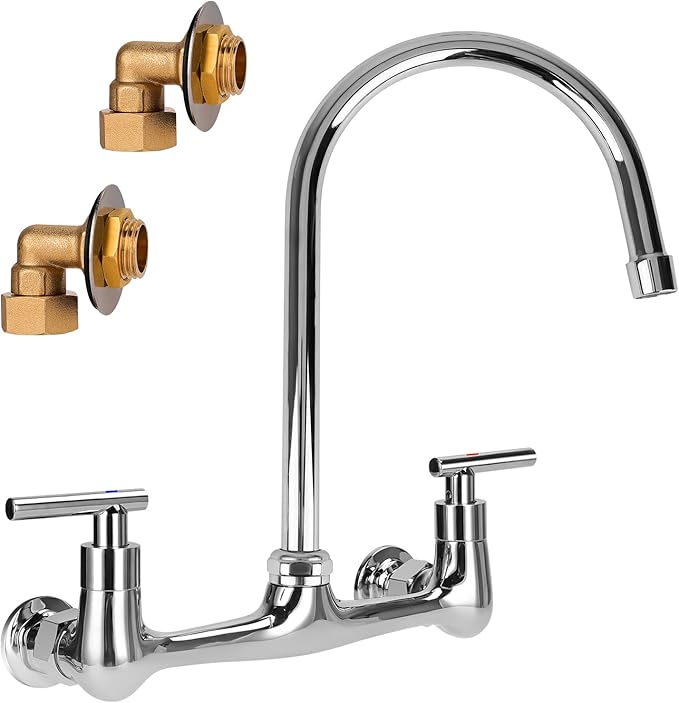 8 Inch Center Wall Mounted Kitchen Faucet, Commercial Sink Faucet with 6" Gooseneck Swivel Spout 2 Handle Utility Faucet for Home Restaurant Compartment Sink