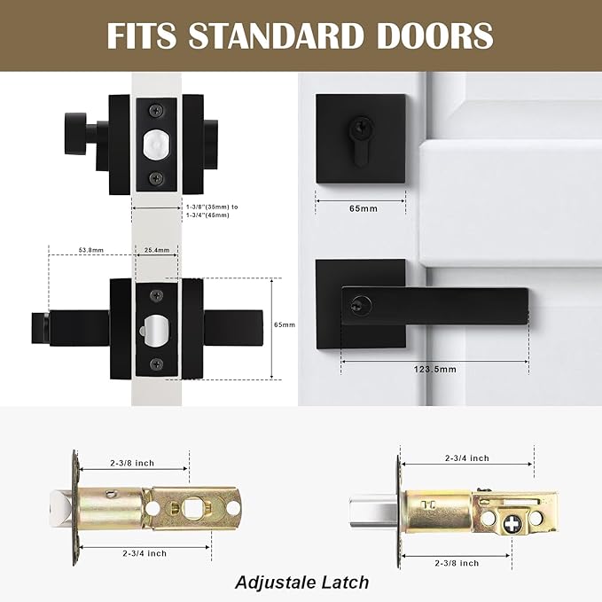 3 Pack Keyed Entry Door Lever and Single Cylinder Deadbolt Set, Keyed Alike Reversible Lockset, Matte Black Square Interior/Exterior Handleset for Bedroom, Front Door