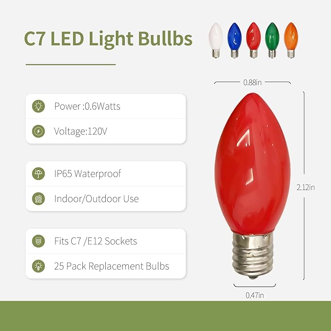 C7 LED Replacement Bulbs, 25 Pack Multicolor Christmas Light Bulbs for Outdoor String Lights, Patio Xmas Tree Holiday Party Wedding Prom Decor, E12 Candelabra Base