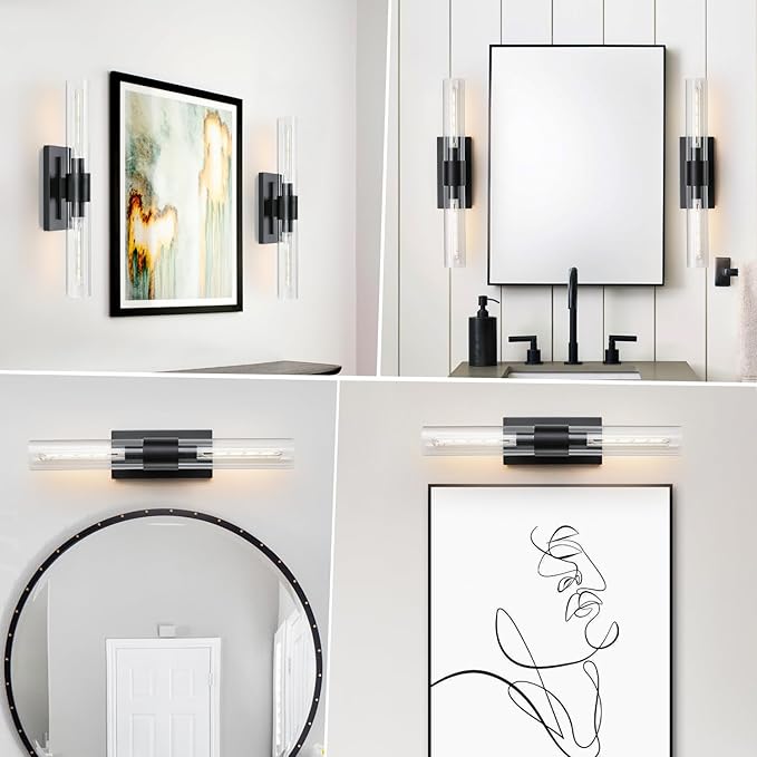 2-Light Matte Black Bathroom Light Fixtures with Glass Shades,Modern Wall Sconce for Bedroom Bath Mirror Lights.
