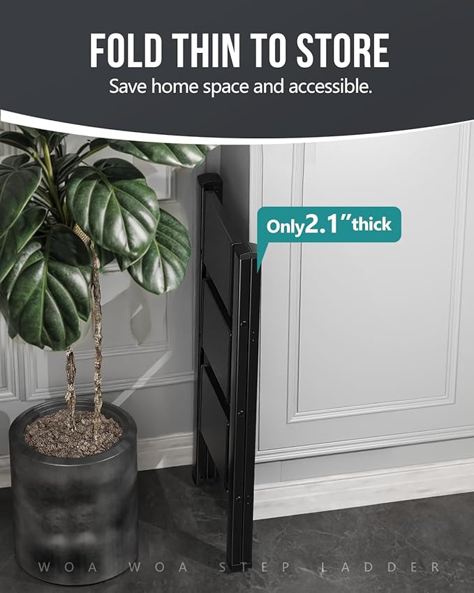 WOA WOA Step Ladder, Portable Lightweight Home Ladder, Folding Step Stool with Widening Pedals, Kitchen Stepladder, Space Save, Easy to Store, 300 lbs Capacity (3 Step, Black)