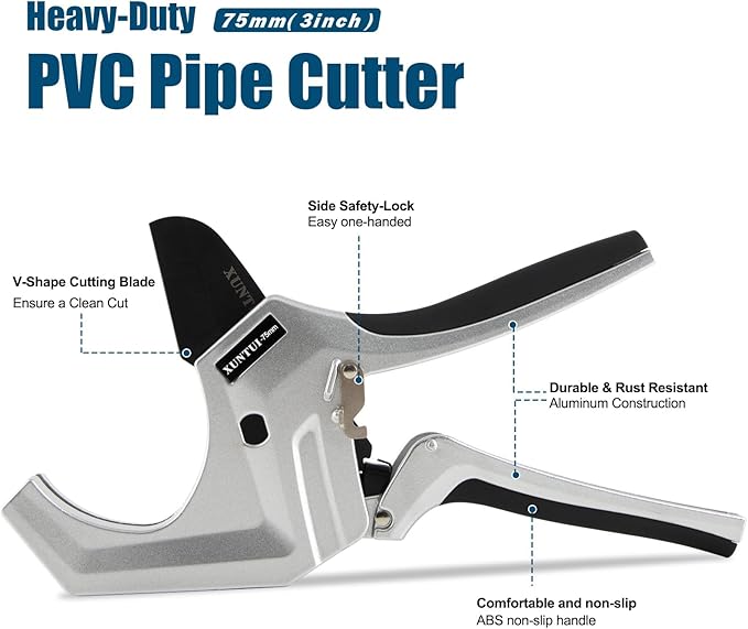 Ratcheting PVC Pipe Cutter - Cuts Up to 3" OD (2" Sch 40/80 Pipe) | SKD5 Steel Blade for Smooth Burr-Free Cut | Professional Plumbing Tools for DIY, Gardening(Silver Gray,75MM)