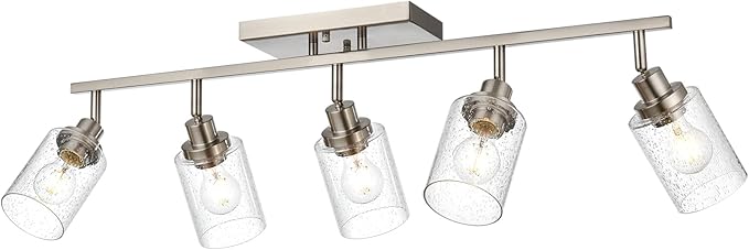 5-Light Track Lighting Kit, Bathroom Vanity Light Ceiling Spotlight in Brushed Nickel for Kitchen Shop, Seeded Glass Shades