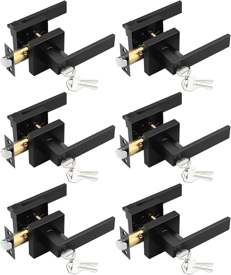 6 Pack Entry Door Levers with Lock and Key, Matte Black Keyed Alike Lockset Combo Pack, Entrance Door Handles for Office and Front Door, Door Knobs Lockset (Each with 3 Keys)