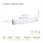 ASD LED 18" Vanity Wall Mount Light Fixture, Linear Bathroom Lighting Bar | 3CCT, Dimmable, Energy Star, ETL Listed | 20W 1500LM 3000-5000K 120V | Long Tube Bath Sconce Over Mirror | Nickel