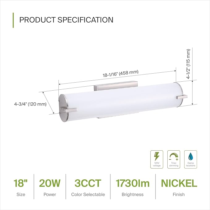 ASD LED 18" Vanity Wall Mount Light Fixture, Linear Bathroom Lighting Bar | 3CCT, Dimmable, Energy Star, ETL Listed | 20W 1500LM 3000-5000K 120V | Long Tube Bath Sconce Over Mirror | Nickel, 4 Pack