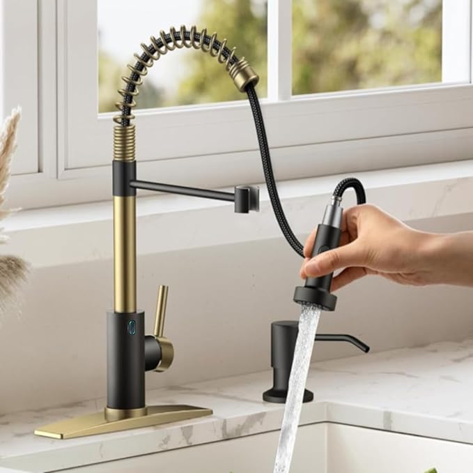 Touch-Less Kitchen Faucet, 3 Modes Pull Down Sprayer, LED Temperature Control,Sensor Activated,Ceramic Valve, 360-Degree Rotation, 1 or 3 Hole Deck Plate. 10-Year Warranty. (KW-79GR, Gold/Black)