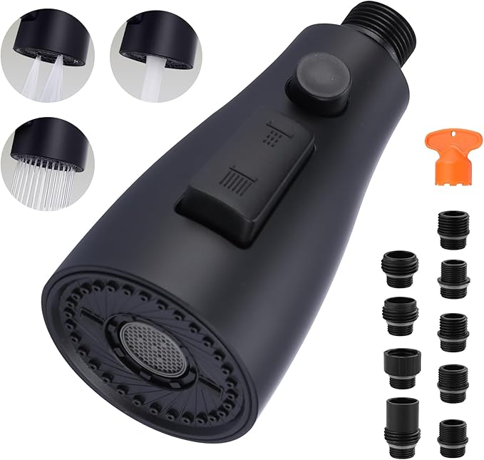 ARCORA Kitchen Faucet Spray Head Matte Black, 3-Function Kitchen Sink Spray Nozzle with 9 Adapters, Kitchen Faucet Head Replacement Compatible with Moen, Delta, American Standard Faucets