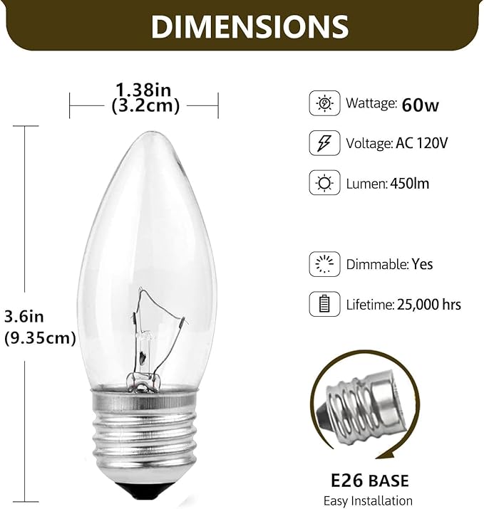 60W Incandescent Torpedo Tip Chandelier, Chandelier Light Bulbs 60 watt, Clear Dimmable, E26 Candelabra Base, Torpedo Transparent Light Bulbs for Chandeliers (10 Pack)