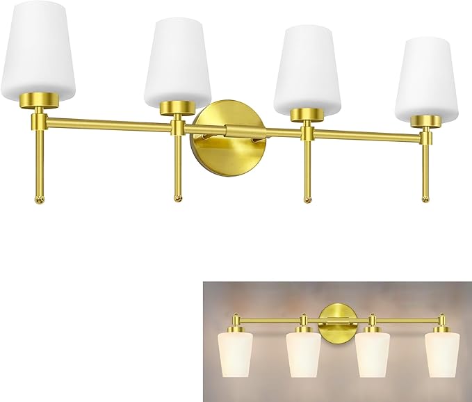 New Bathroom Vanity Light Fixtures 3 Lights Brushed Brass Glass Shade Modern Wall Bar Sconce Over Mirror (Brushed Brass, 4T)