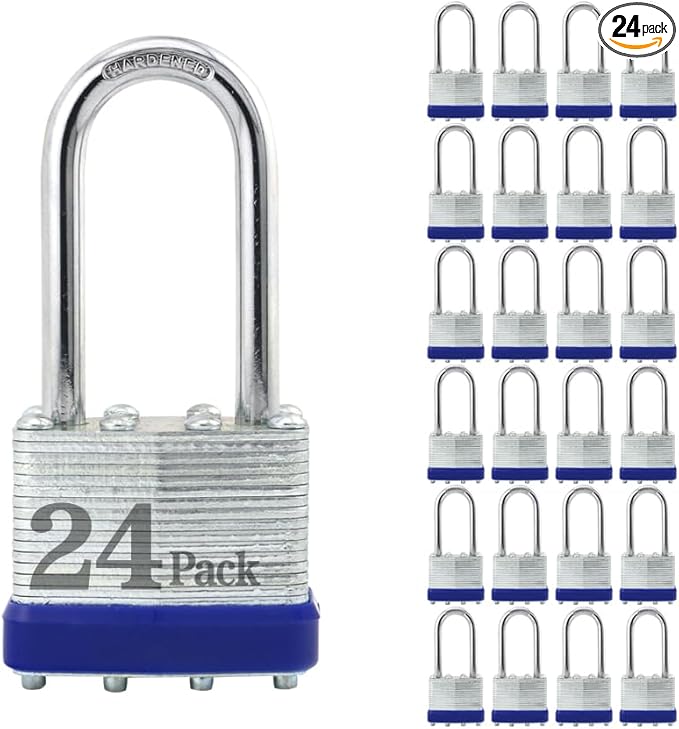 ZonRo Locks Laminated Steel Keyed Padlock, Keyed Alike Locks,1-9/16"(40mm) Wide Body,Long Shackle Padlock, Blue Plastic Hoop, Pack of 24