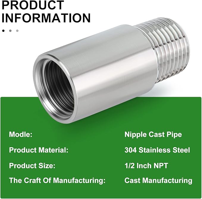 TAISHER 2PCS Stainless Steel Pipe Fittings, 1/2" NPT Male x 1/2" NPT Female Threaded, 2" Length Nipple Cast Pipe