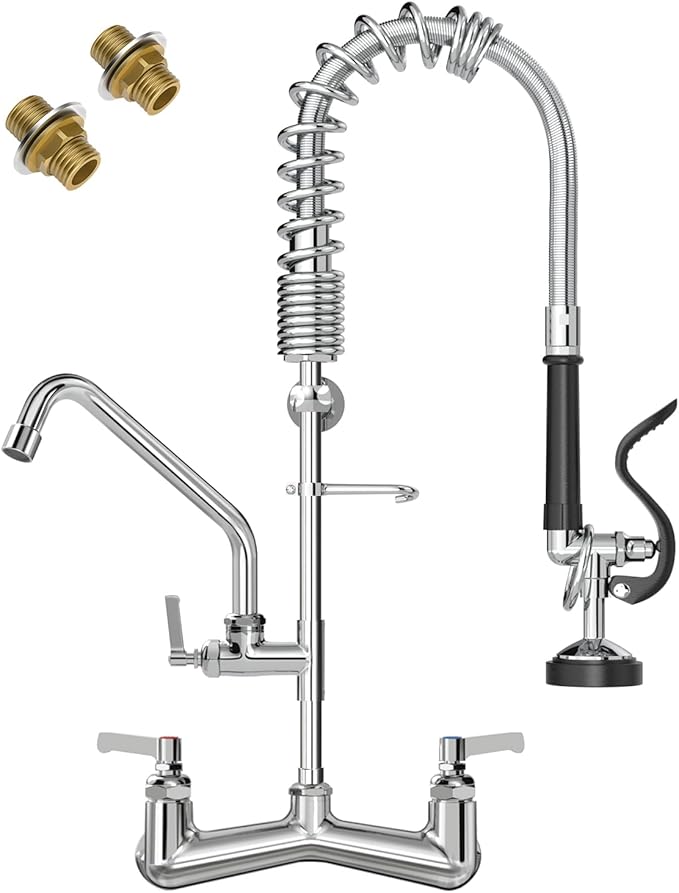 Commercial Sink Faucet Wall Mount with Pre Rinse Sprayer 8 inch Center Wall Mount Kitchen Sink Faucet 25" Height with 10" Add-on Swing Spout for 3 Compartment Sink-Round Sprayer