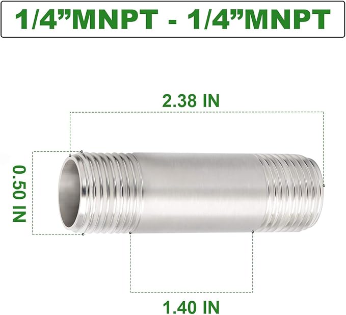 TAISHER 2Pcs Stainless Steel Pipe Fittings, 1/4" NPT x 1/4" NPT Male Threaded, 2" Length Nipple Cast Pipe