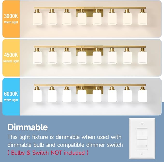 Bathroom Vanity Light,8-Light Brushed Gold Bathroom Light Fixtures with Square Frosted Glass,Gold Wall Lamp Sconces for Mirror Bedroom,Living Room Hallway,E26