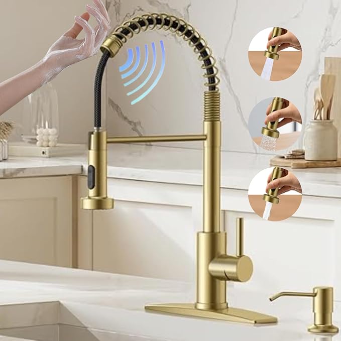 Smart Kitchen Faucet, 3 Modes Pull Down Sprayer, Smart Touch On Sensor Activated, Ceramic Disc Valve, 360-Degree Rotation, 1 or 3 Hole Deck Plate. 20-Year Warranty. (KW-62J, Brushed Gold)