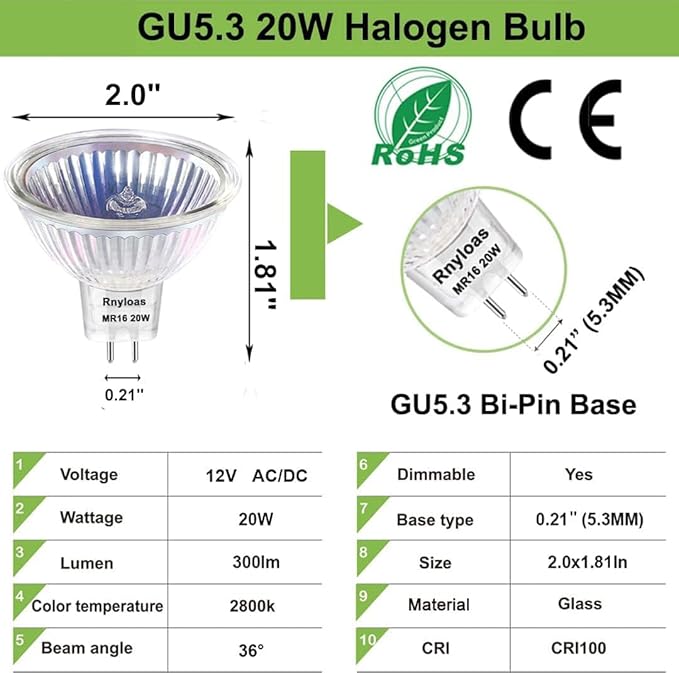 MR16 Halogen Bulb, Dimmable with GU5.3 Base Long Lasting, 3 Pack MR16 12V 20W 2800K Warm White, High Brightness 300LM with Clear Glass Cover, Bulb for Landscape, Track Light