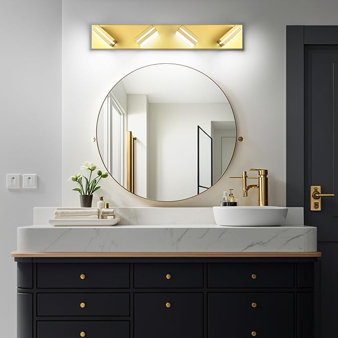 Modern LED Bathroom Lights Fixtures(4-Light),Metal Gold Acrylic Wall Lighting,Vanity Lights for Bathroom Over Mirror(6000k 27In