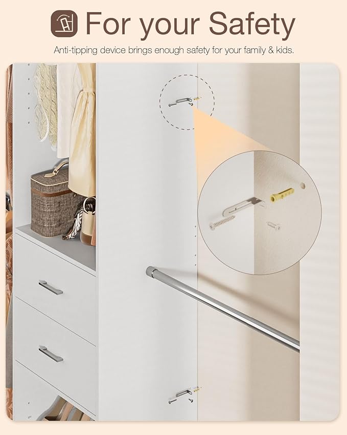 Closet System, 5-9FT Closet Organizer System with Wooden Drawers and Shoe Rack, Walk in Closet Organizers and Storage with 5 Adjustable Hanging Rods & Movable Shelves, Heavy Duty Wall Mount