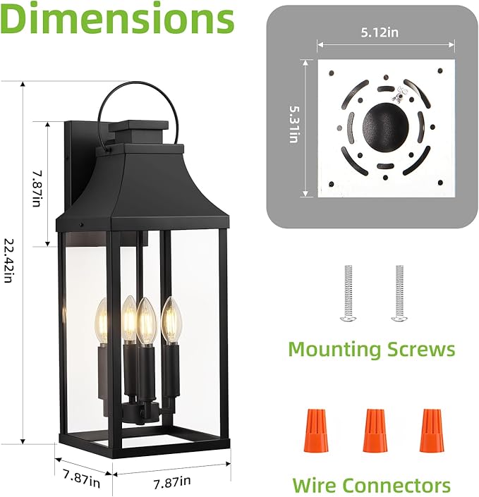 tewei 22'' Large Outdoor Wall Light, Porch Light Outdoor Wall Sconce Lantern, 4-Light Modern Black Exterior Lighting Fixture Wall Mount, Outside Light for House Garage, 1-Pack