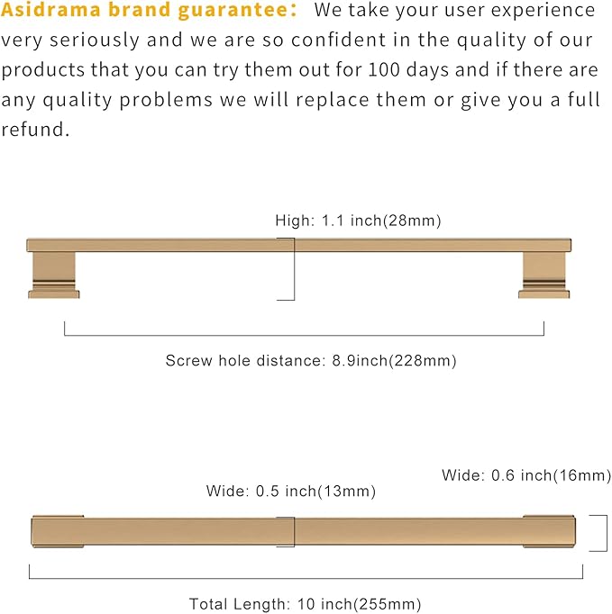 Asidrama 6 Pack 9 Inch(228mm) Hole Centers Champagne Bronze Kitchen Cabinet Handles, Brushed Brass Cabinet Pulls Kitchen Cabinet Hardware for Cupboard Gold Drawer Pulls