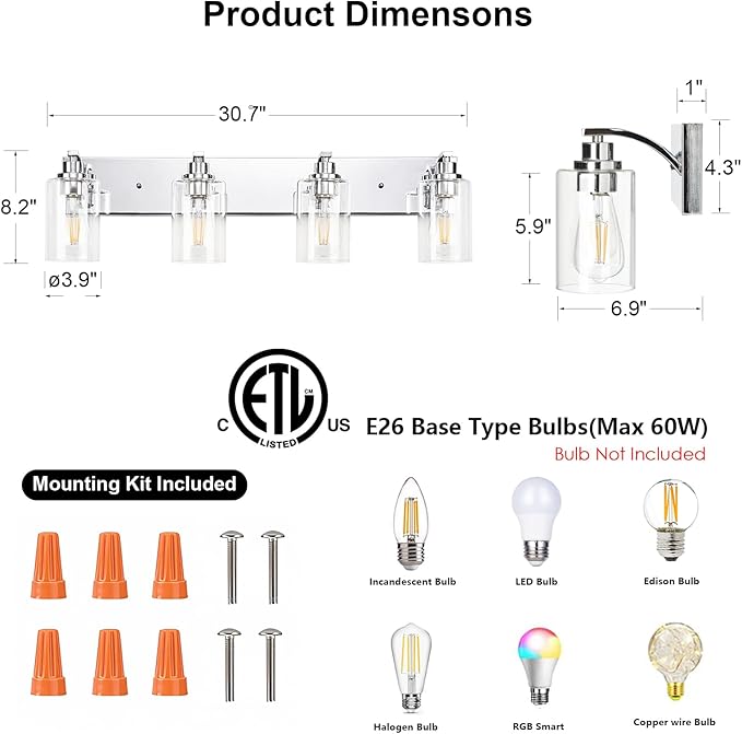 4-Light Bathroom Light Fixtures Modern Chrome Vanity Lights for Bathroom Lighting Fixtures Over Mirror with Clear Glass Shade for Cabinet Mirror Bedroom Hallway