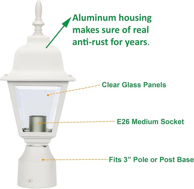 LIT-PaTH Outdoor Post Lighting Fixture Pole Lantern, E26 Medium Base Max 60W, Aluminum Housing Plus Clear Glass, Bulb Not Included, Matte White Finish, 1-Pack