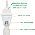 LIT-PaTH Outdoor Post Lighting Fixture Pole Lantern, E26 Medium Base Max 60W, Aluminum Housing Plus Clear Glass, Bulb Not Included, Matte White Finish, 1-Pack