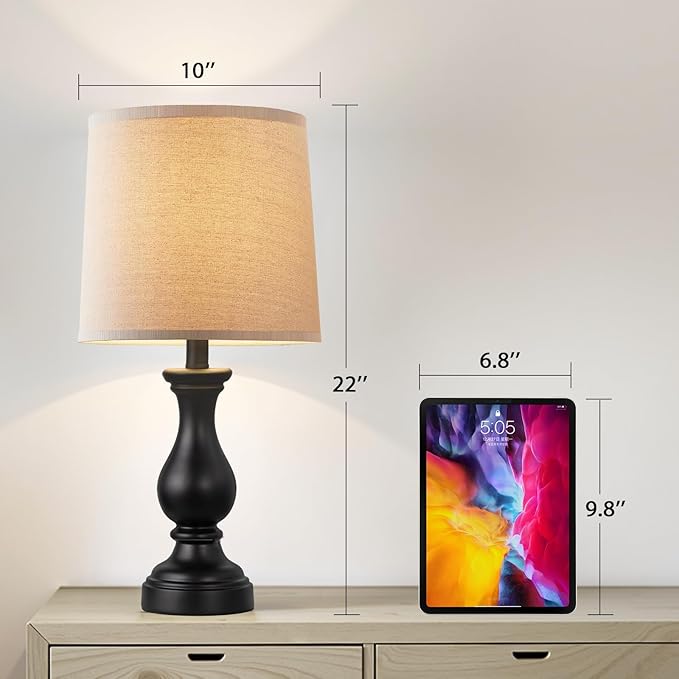 Seealle Farmhouse Table Lamps Set of 2 - Rustic Lamp for Bedroom Living Room, 22" Boho Bedside Lamps for Night Stands End Table Office Desk Lamp Nightstand with Linen Shades(Matte Black)