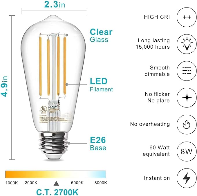 TJOY 12 Pack Vintage 8W ST58 LED Edison Light Bulbs, Dimmable, 60W Equivalent, 800Lumens, 2700K Warm White, E26 Base LED Filament Bulb, CRI80+, Antique Glass Style for Home, Bedroom, Office, Farmhouse