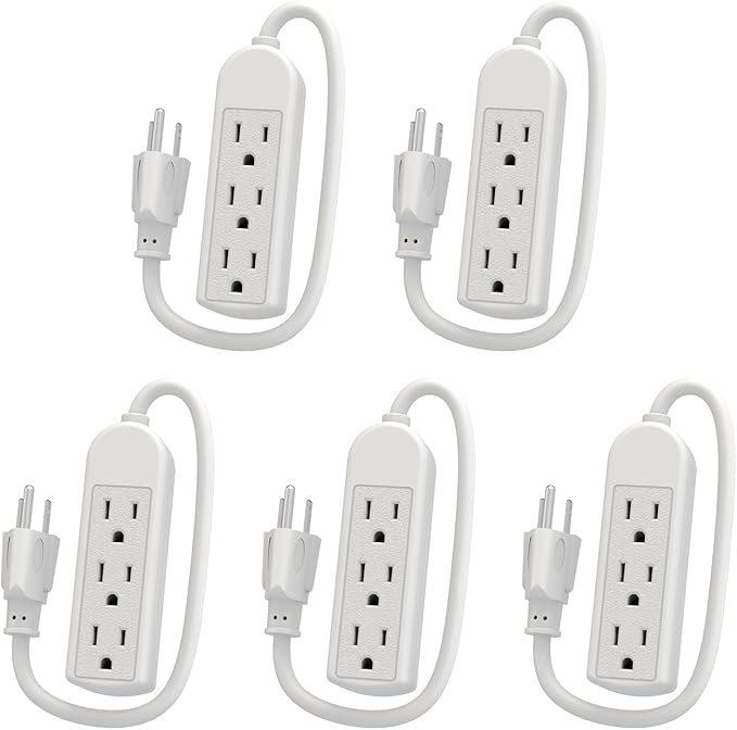 5-Pack Power Strip 3 Prong Outlet - Slim White 3 Grounded Outlets 1ft Heavy Duty Extension Power Cord Power Strip Ideal for Computer/Phone/Home/Office (13A/125V/1625W/ETL Listed)