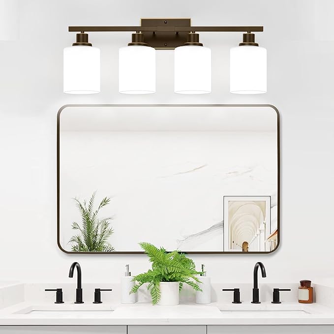 4-Light Bathroom Light Fixtures, Vanity Light with Milky White Shades, Oil-Rubbed Bronze Bathroom Light Fixtures Over Mirror, Modern Bathroom Wall Lamp for Mirror Living Room Cabinet Bedroom