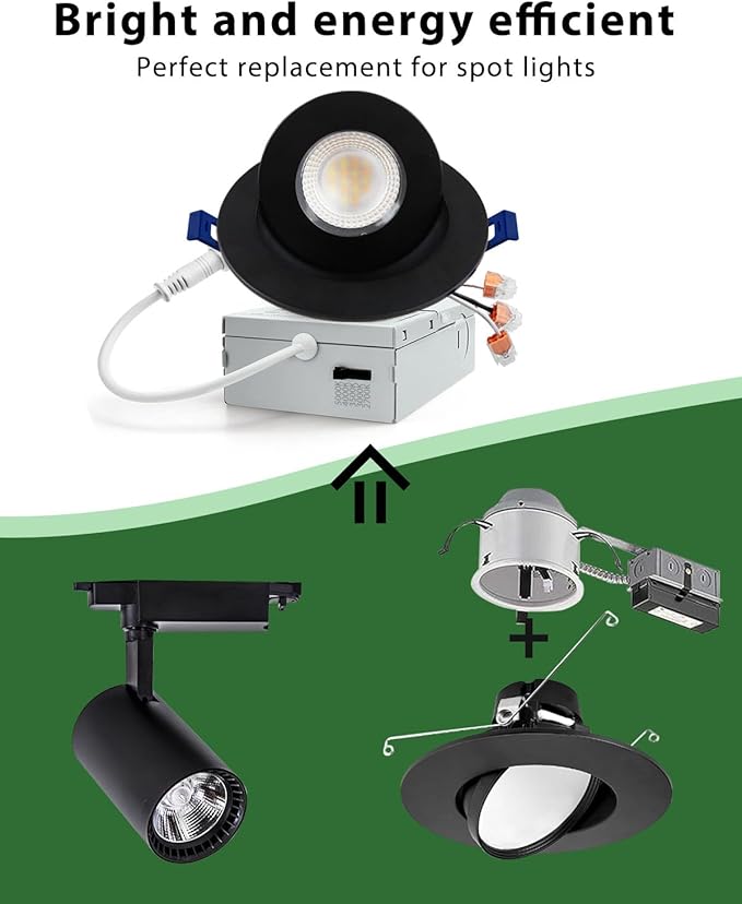 zouzai 4 inch 5CCT Gimbal Black Led Recessed Lights, 360°+90° Adjustable Directional Recessed Lighting, 2700K-5000K Dimmable Retrofit Eyeball Can Lights with Jbox, ETL&Energy Star(Black,1 Pack)