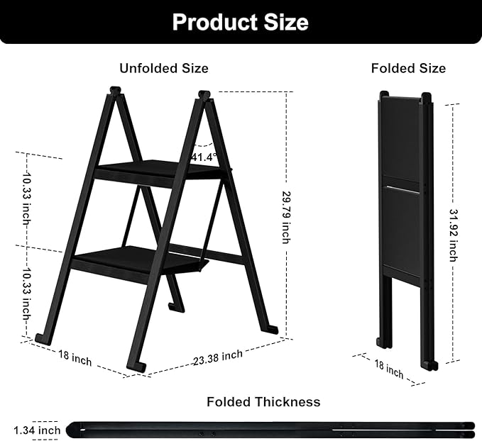 2 Step Ladder,Aluminum Ultra Thin Folding 2 Step Stool,400 Lbs Capacity Heavy Duty with Anti-Slip Sturdy and Wide Tread,Closet Slim Step for Home,Kitchen and Office,Space Saving (Black, 2-Step)