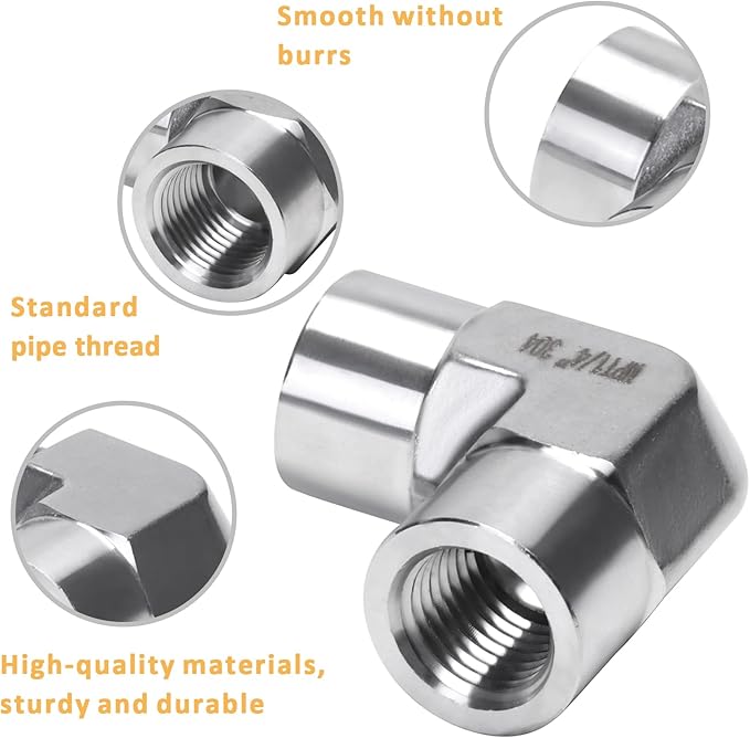 90 Degree Street Elbow - 1/4" NPT Female to 1/4" NPT Female Stainless Steel 304 Heavy Duty Forged Barstock Street Elbow Adapter Pipe Fitting (pack of 5)