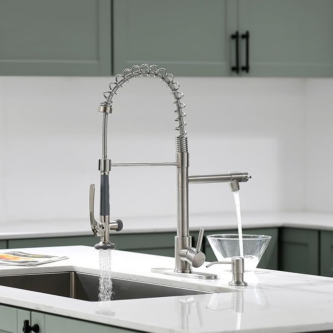 Fapully Commercial Pull Down Kitchen Sink Faucet with Sprayer Brushed Nickel Single Handle Faucets for Kitchen Sink, Kitchen Faucet with Soap Dispenser and Deck Plack for 4 Hole