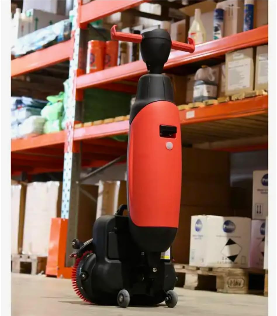 SM430 17" Walk-behind Commercial Floor Scrubber Buffer Polisher Machine, Dual Brushes, Dual Pads and Drivers, 10000 sqft/h, Cordless Rechargeable Lithium Battery, Lightweight, Red