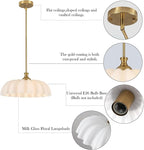 15.7" Vintage Flower Gold Chandelier - Adjustable Height White Milk Glass Shades Pendant Light Fixture for Kitchen Island, Dining Room, Bedroom