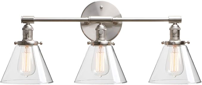 Phansthy 3-Light Wall Sconces Antique Brass Vanity Light, Industrial Wall Lamps with On Off Switch and Clear Glass Lampshade, Vintage Wall Lighting for Bathroom Living Room (Brushed, Cone Shade)
