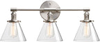Phansthy 3-Light Wall Sconces Antique Brass Vanity Light, Industrial Wall Lamps with On Off Switch and Clear Glass Lampshade, Vintage Wall Lighting for Bathroom Living Room (Brushed, Cone Shade)