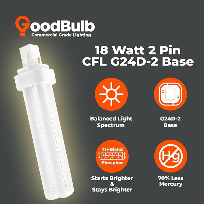 GoodBulb 18 Watt CFL Light Bulbs 2 Pin G24D-2 Base 3000K Warm White 18W High Output 1200 Lumens Double Tube Compact Fluorescent Light Bulbs Plug-in 10 Pack