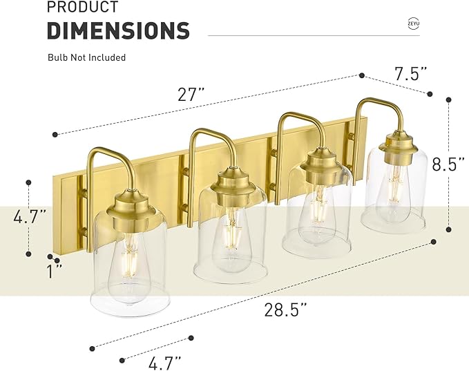 zeyu 4-Light Brushed Gold Vanity Light, Modern Wall Sconces for Mirror Kitchen Bedroom, Bathroom Wall Lights with Clear Glass Shade, ZSL72B-4W BG