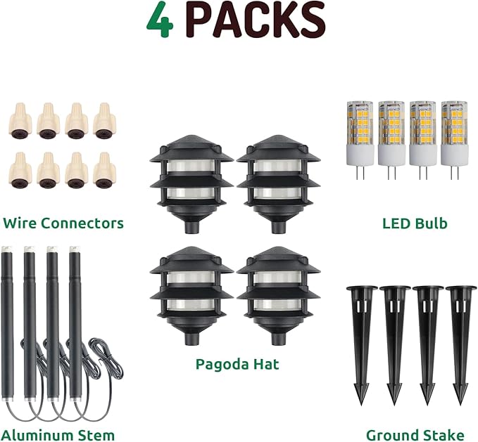 Lumina Lighting® Low Voltage Landscape Lighting Cast-Aluminum Pagoda Path and Area Light Warm White 4W G4 LED Bulb and ABS Ground Stake Included for Yard Walkway Lawn PAL0103-BKLED4 (Black,4-Pack)